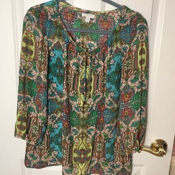 Charter Company Women’s Blouse in PL with 3/4 sleeve aqua, green, pink print - Picture 9 of 12